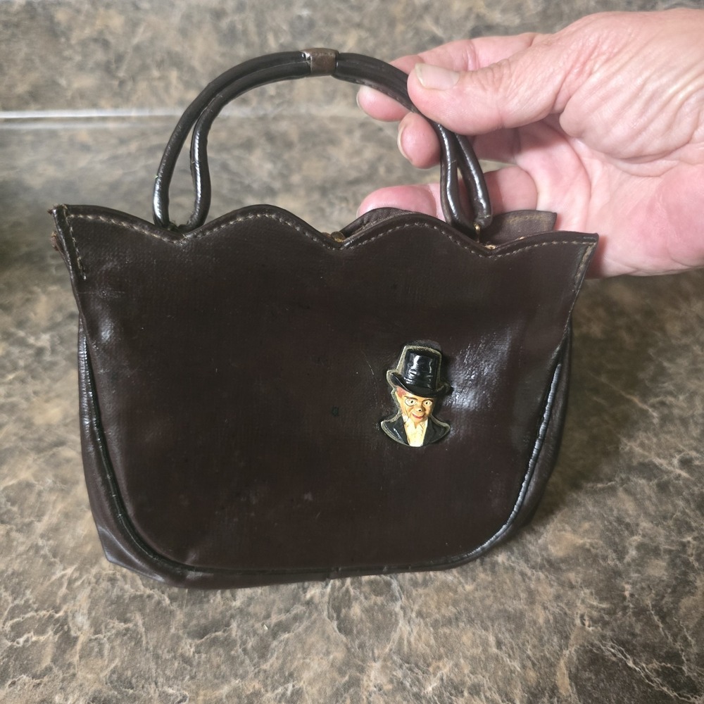 Vintage Small Brown Handbag Purse With Figural Gentleman/Top Hat Clasp Accent